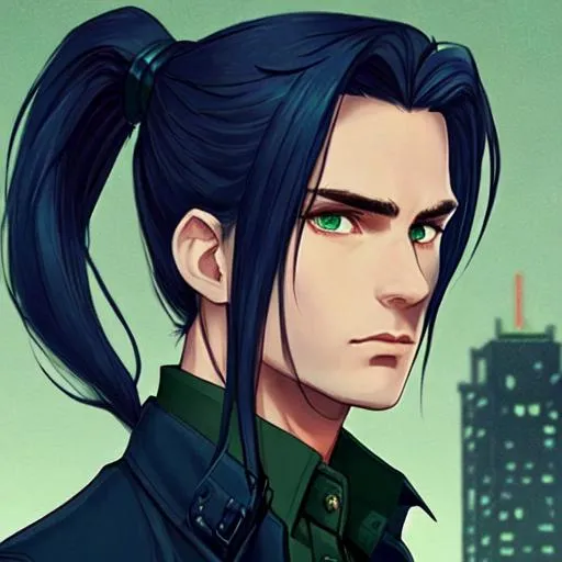 Prompt: Long Dark Blue Hair, Ponytail, Male, Stunning, Green Eyes, Detective, Trench Coat, Night City