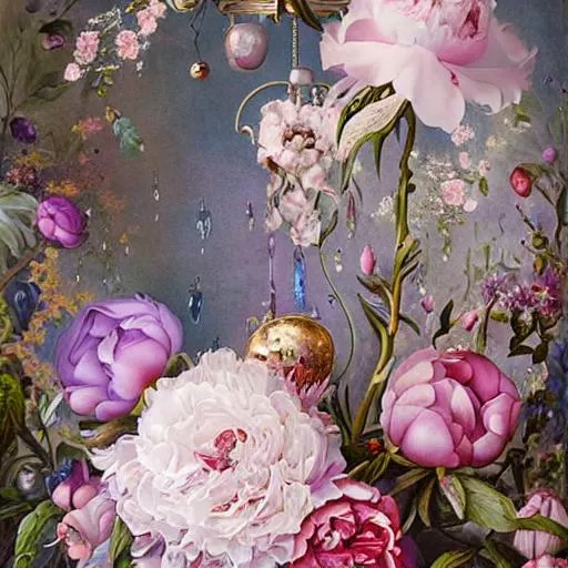 Prompt: painted still life beautiful flowers by ambrosius bosschaet!!!!!, floating in the sky, daniel merriam art, muted colors, hyper realistic soft focus feathers, fantasy steampunk, spiral staircase, vintage pocketwatch, ambrosius bosschaert art, highly detailed blooms of peonies and roses and magnolias, iridescent water drops, crystal chandelier drops, glitter sparkles, infinite depth, incredibly detailed, ultra realistic, high index of refraction, hyper realistic elegant smooth sharp clear edges, sharp focus, wide angle perspective, ultra realistic, sense of high spirits, volumetric lighting, occlusion, Unreal Engine 5 128K UHD Octane, fractal, pi, fBm