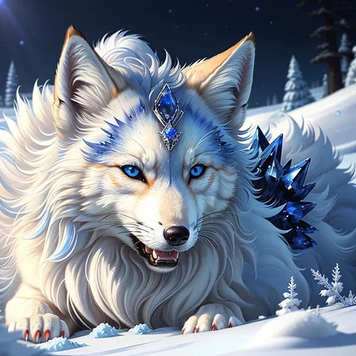 Prompt: (masterpiece, professional oil painting, epic digital art, hyper detailed, best quality:1.5), white ((fox-wolf)), (canine quadruped), female, adolescent, ice elemental, deep blue fur covered in frost, bashful hypnotic sapphire blue eyes, 8k eyes, sprawled on frosted field, extremely beautiful, thick billowing silver mane covered in frost, (plump:2), Anne Stokes, mid close up, close up, kitsune, presenting magical jewel, detailed smiling face, uwu, uv, finely detailed fur, hyper detailed fur, (soft silky intricately detailed fur), grassy field covered in frost, fluffy fox ears, cool colors, beaming sun, professional, symmetric, golden ratio, unreal engine, depth, volumetric lighting, rich oil medium, (brilliant auroras), (ice storm), full body focus, beautifully detailed background, cinematic, 64K, UHD, intricate detail, high quality, high detail, masterpiece, intricate facial detail, high quality, detailed face, intricate quality, intricate eye detail, highly detailed, high resolution scan, intricate detailed, highly detailed face, very detailed, high resolution