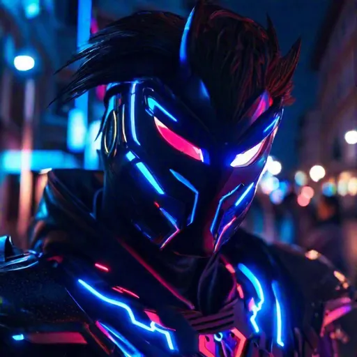 Prompt: Close-up shot of Strider Hiryū cyberpunked as superhero with Spawn suit in Rome city, 8k, HD, night theme, neon color 
