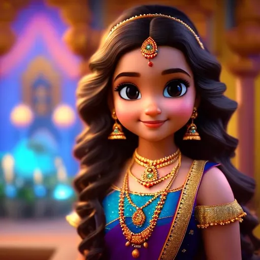 Prompt: A still from a 3d movie of Disney Indian little girl with dark brown long wavy hair. Wearing black saree, jhumka earrings, temple in the background, 3d blender render, Pixar inspired, Disney, clear detailed beautiful face, brown eyes, adorable. Spring vibes. 8k octane render unreal engine, surrealism
