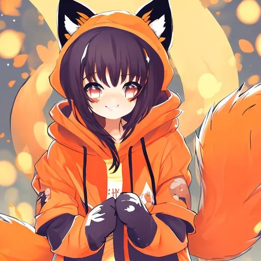 Prompt: anime art, 1girl, fox ears, happy face, fox tail, orange hoodie, 