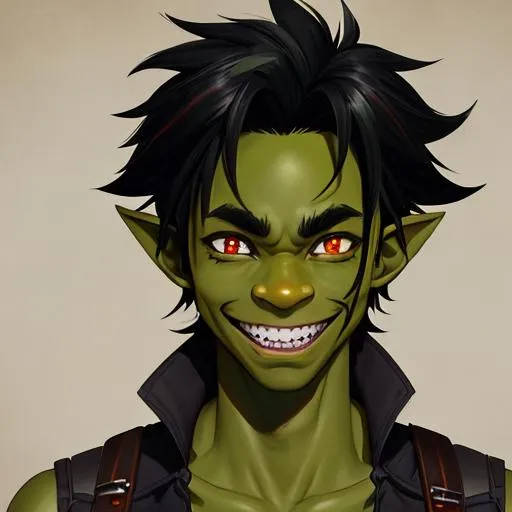 Prompt: a portrait of a small middle aged male goblin, wild tangled black hair. green hue, dark skinned, one red eye, chaotic, scatterbrained, exaggerated grinning showing human teeth, wide face, slight and wiry, digital art, popular on Artstation, anime style