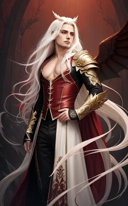 Prompt: {{{{the highest quality concept art masterpiece}}}} ((male vampire)) with red eyes and long white hair, digital drawing oil painting with {{visible textured brush strokes}}, 128k UHD HDR, hyperrealistic intricate perfect full body image of flirtatious gorgeous stunning handsome "The phoenix king", realistic, cinematic, intricate and hyperdetailed, fantasy art, album cover art, 3D soft lighting, features, fire