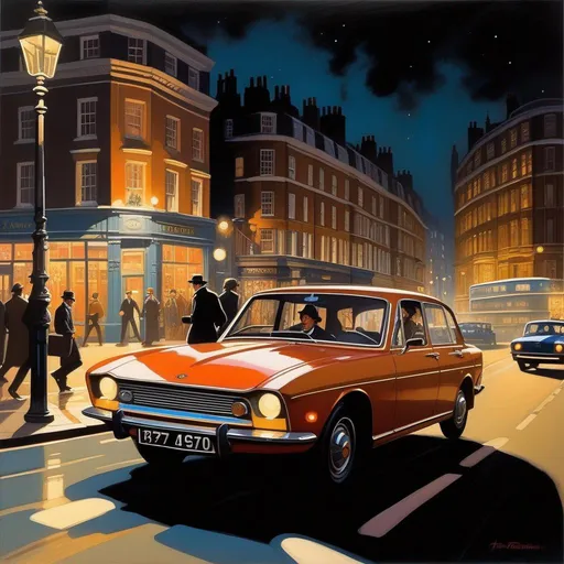 Prompt: 1970s, London at night, car chase, warm atmosphere, cartoony style, extremely detailed painting by Greg Rutkowski and by Henry Justice Ford and by Steve Henderson