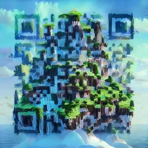 Prompt: A magnificent floating island in the sky above the sea, defying gravity, floating and flying island, waterfall, epic lighting, epic composition, highly detailed