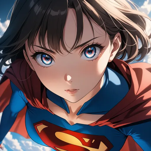 Prompt: anime, 1girl, wearing superman costume, flying above ground, from below, looking at viewer, A-1 Pictures style, beautiful face, 8K, (dynamic perspective), sharp focus, extremely detailed eyes and face, beautiful detailed eyes, cinematic lighting, ((masterpiece, best quality))