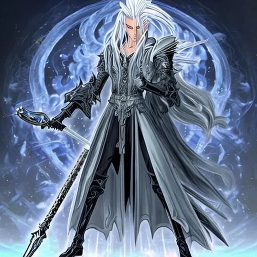 Prompt: Sephiroth, but he's in eighty dimensions, Silver hair, mesmerizing eyes, and an aura of celestial energy define his enigmatic presence. Clad in regal attire, he wields a celestial sword, crackling with otherworldly power