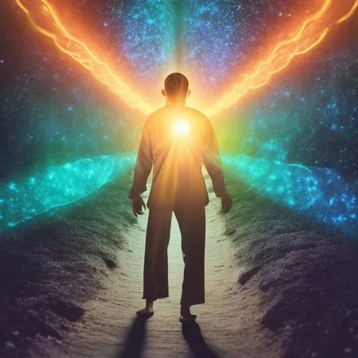 Prompt: A man in a different dimension walking around spiritually enlightened while being in the light guided by his higher self feeling Love and abundance 