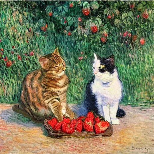 Prompt: Painting of a two cats eating strawberries, monet