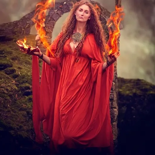Prompt: celtic pagan goddess: Bridgid. Fire, herbal healing, water well, woman. red warrior goddess. 