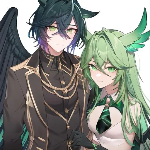 Prompt: Male. masculine build. human animatronic hybrid, with focused emerald eyes. They identify as a Male. Emerald colored feathery pegasus wings and tail. Short dark Green ombre hair. horse ears. adult