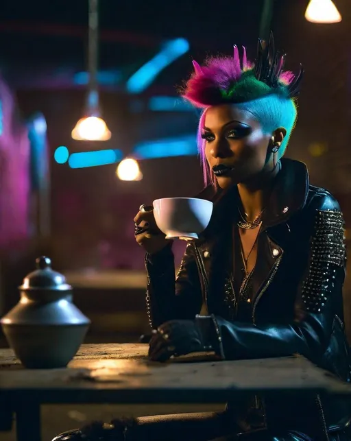 Prompt: A darkly beautiful woman in punk rock fairy attire sits alone at a table in an abandoned industrial wasteland, neon lights in the distance. She sips tea poured into a cracked cup. Shot at night with a 35mm lens on Lumix S5. Gritty, desolate, surreal.