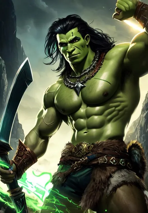 Prompt: UHD, , 8k, high quality, poster art, (( Aleksi Briclot art style)), hyper realism, Very detailed, full body view of a young aged mythical half orc whom is a muscular barbarian, shirtless, scars on green skin, green skin, holding battle axe on shoulder in a captain morgan pose. mythical, ultra high resolution, light and shading in 8k, ultra defined. 