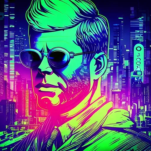 Prompt: JFK wearing neon sunglasses, neon theme, cyberpunk arts style, neon cartoon, ultra high detail, lighting, shaders
