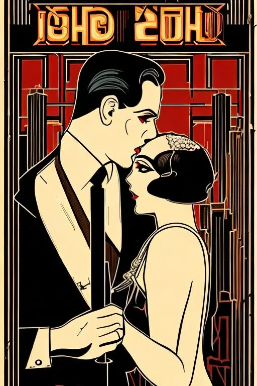 Prompt: A horror book cover in art deco style, featuring 1920s Chicago. A gangster and a flapper hold hands and look into each other's eyes.   