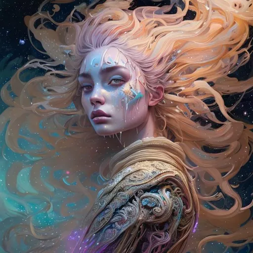 Prompt: a young woman standing among the stars, soft light, colorful hair, dynamic pose, contour, hyperdetailed intricately detailed, unreal engine, fantastical, intricate detail, complementary colors, fantasy concept art, deviantart masterpiece, oil painting, heavy strokes, paint dripping, wearing a gorgeous dress, full body, nice perfect face with soft skin, dreamy, highly realistic, realistic skin, concept art portrait by greg rutkowski, artgerm, hyper detailed, intricately detailed gothic art trending on artstation triadic colors, fantastical, intricate detail, fantasy concept art, 8k resolution