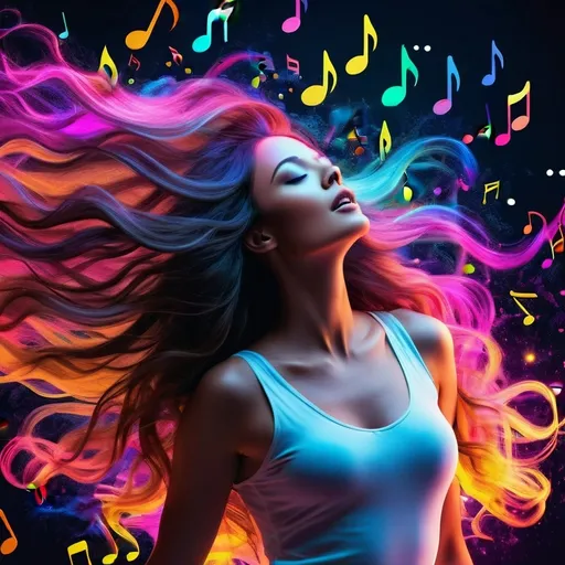 Prompt: 3D render of a woman with long flowing hair made of cascading musical notes, each note releasing a burst of vibrant color. Around her, ethereal particles of neon hues move, capturing the essence of a musical symphony in a visual spectacle.