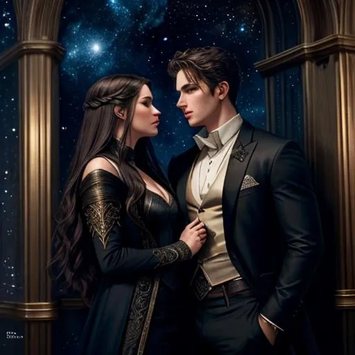 Prompt: Rhysand and Feyre in starry night, portrait, 1/3 portrait, concept art, mid shot, intricately detailed, color depth, cinematic, oil splashes, intricate detailed