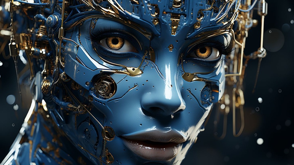 Prompt: art & design|abstract art|abstract art wall art|abstracts wall art | computer desktop wallpapers | photo wallpapers | 3d, in the style of whimsical cyborgs, realistic hyper-detailed portraits, dark silver and indigo, afrofuturism, human connections, strong facial expression, realistic hyper-detailed rendering