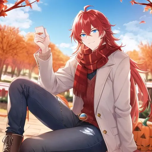 Prompt: Zerif 1male (long Red side-swept hair covering his right eye, lively blue eyes), highly detailed face, 8K, UHD, wearing a cozy sweater, ripped jeans, and boots, in the park, fall.  wearing a scarf, looking up at the sky, in a pumpkin patch,  young adult, handsome on a date with Haley