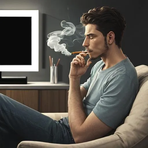 Prompt: a man smoking cigarettes' while watching tv