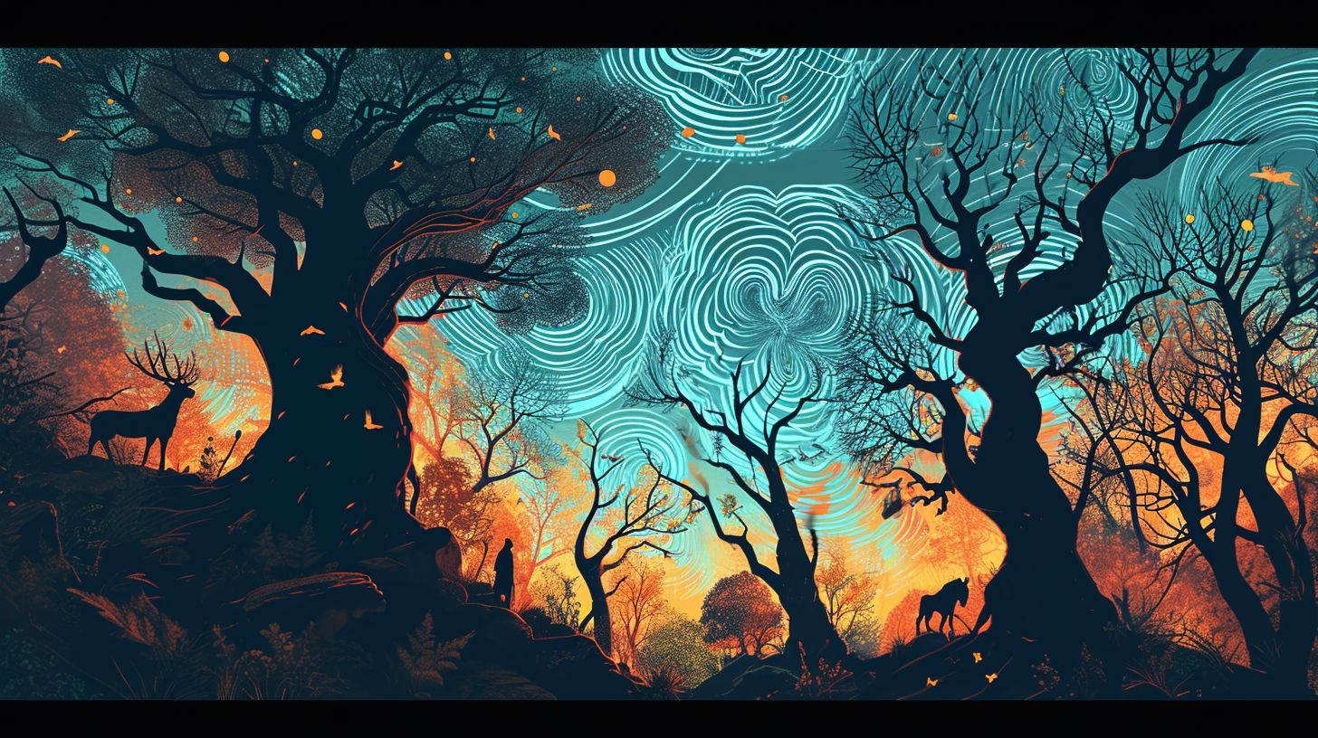 Prompt: Wide illustration showcasing a psychedelic enchanted forest dominated by cyan and amber hues. Whirling patterns fill the sky, with optical illusions making the trees appear to move. Mythical creatures, silhouetted against the vibrant backdrop, roam amidst the trees.