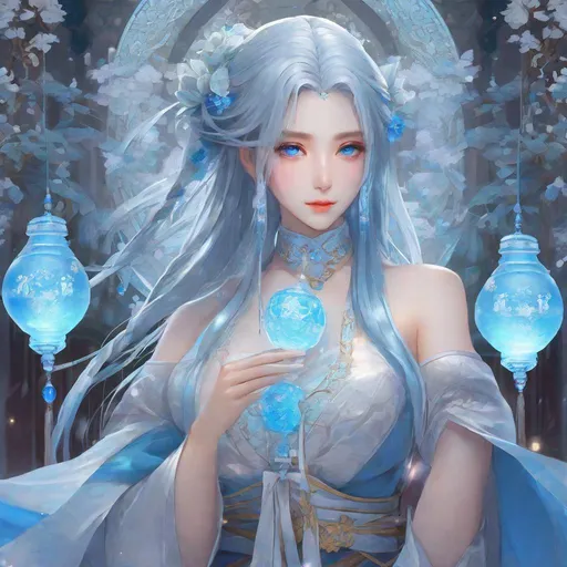 Prompt: masterpiece, best quality, 1girl, anime wide eyes, ice blue hair, glowing blue eyes, shoulder-length hair, hanfu, bell accessories, cleavage, huge breasts_, breasts_ apart, huge ass_, wide hips, looking at viewer, cartoon_portrait, <lora:cartoon_portrait_v2:0.5>,