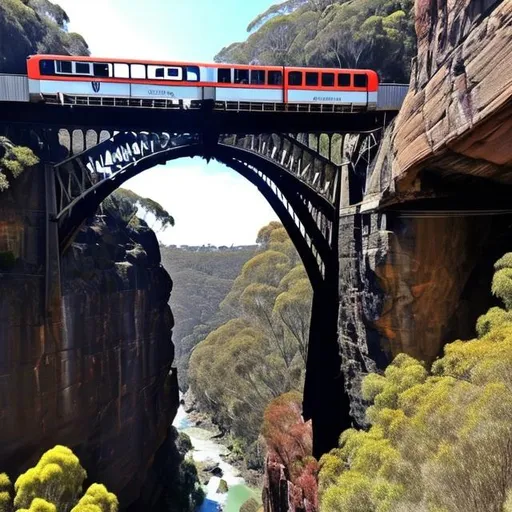 Prompt: railway bridge that is really high up and over a dangerous gorge that is rocky and sheer, there are small rocks falling from the cliff and it looks dark and scary. It is in australia ryde area