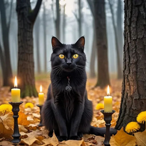 Prompt: black cat with dandelion colored eyes, autumn, forest, large trees, candles, magical, leaves