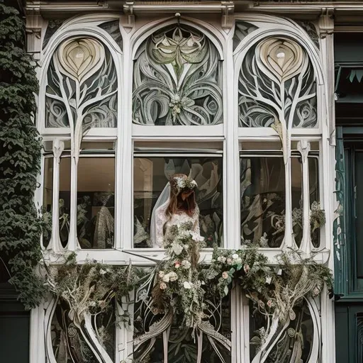 Prompt: a brilliantly detailed and illustrative art nouveau style wedding windows including forest floral and ethereal elements