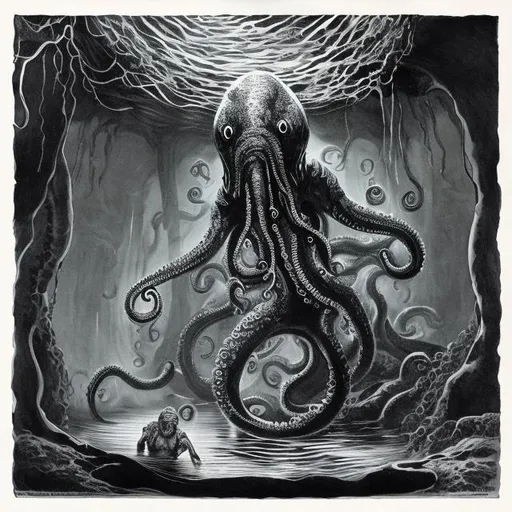 Prompt: A india ink lithograph of an Aboleth emerging from a sea fed pool in a cave. Its tentacles reaching out towards a butler-like cultist.