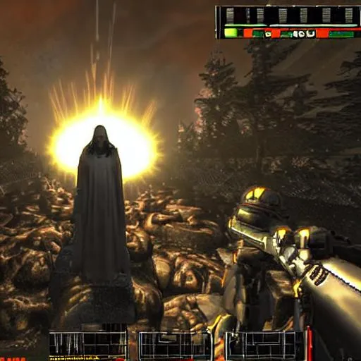 Prompt: Jesus Christ in a DOOM-like shooter game