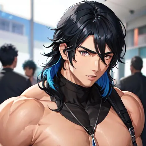 Prompt: Male (black hair in the front blue hair in the back) (brown eyes) buff, muscular. UHD, 8K, highly detailed