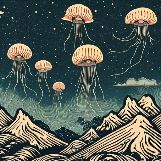 Prompt: jellyfishes in the sky above mountains, woodcut style, by Raphael Drouart