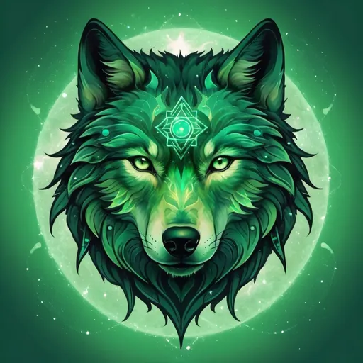 Prompt: greenish cosmic wolf symbol