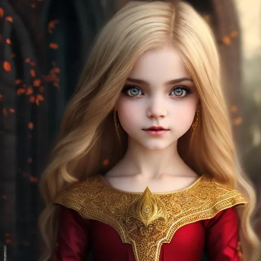 Prompt: A  child female vampire with brown eyes, blonde, hair wearing a red dress medieval style located in a bright castle nursery. Symmetrical face and eyes child physique. Luis Royo stlye Amy Sol style
