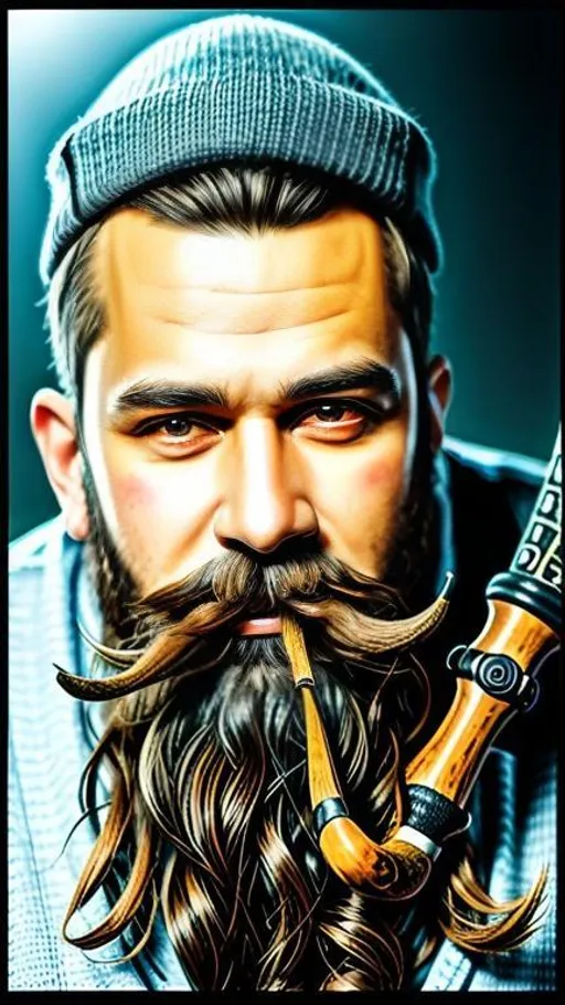 Prompt: Man with a beard and detailed face, holding tobacco pipe in his mouth, ultra detailed, 32k resolution, best quality, vector sleeve, high quality, digital art, intricately detailed, volumetric lighting, ultra detailed , 32k resolution, best quality, manga vector