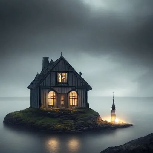 Prompt: Mystical photo of a surreal norwegian island, storm, sea, small, night, house cosy light insidem very small house next, enchanting, foggy ambiance, mysterious lighting, dark tones, viking aesthetic, hauntingly beautiful, trending on art platforms, art by dark fantasy artist, wallpaper, threatening, 4K, ultra high definition, intricate details