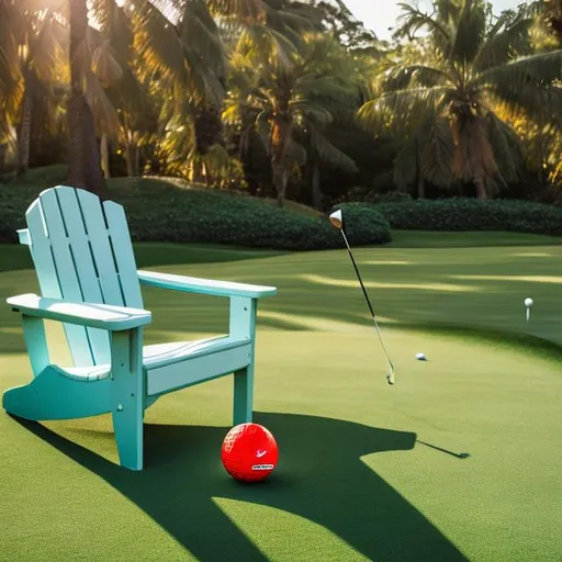 Prompt: Golf ball sitting in a poly adirondack chair