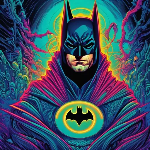 Prompt: Hypnotic illustration of Batman, hypnotic psychedelic art by Dan Mumford, pop surrealism, dark glow neon paint, mystical, Behance