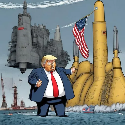 Prompt: Obese Trump in front of a grey nuclear submarine with nuclear warheads in drydock, stars and stripes, dark-blue suit, too long red tie to the floor, u-boat scene, muted colored, Sergio Aragonés MAD Magazine cartoon style
