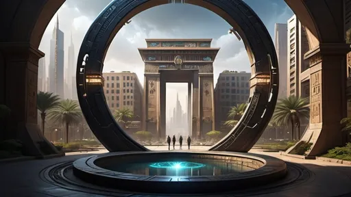 Prompt: magical portal between cities realms worlds kingdoms, circular portal, ring standing on edge, upright ring, freestanding ring, hieroglyphs on ring, complete ring, ancient egyptian architecture, gardens, hotels, office buildings, shopping malls, large wide-open city plaza, panoramic view, dark night, futuristic cyberpunk tech-noir setting, human scale