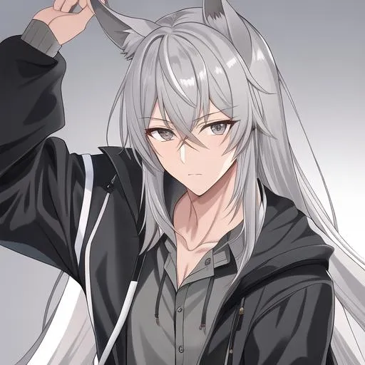 Prompt: Your OC is a little mangled horse, with gentle ash-gray eyes. He has long grey hair. Masculine anime style