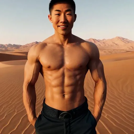 Prompt: charming and muscle warrior with shirtless in the dessert with charming asian face, night time
