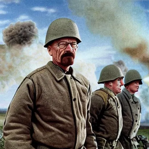 Prompt: Highly detailed refined edges colorized Walter White from the TV show Breaking Bad wearing Infantry soldier outfit from World War II running forwards under enemy artillery fire on World War II battlefield with other soldiers running cloudy smoke area grassy bottom mortar shells in ground artillery shells exploding