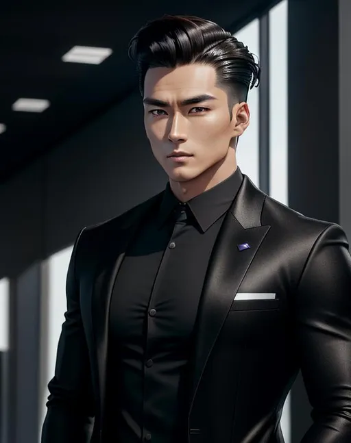 Prompt: perfect composition, {30 year old}, lean {average looking half Korean half British man}, wearing futuristic {black shirt, tech coat}, {coat of arms on shirt}, {brunette hair slicked back}, clean shaven, extra masculine, peak fitness, determined expression, looking at viewer, 8k eyes, detailed face, wlop, stanley artgerm lau, artstation, hd, octane render, hyperrealism intricate details, 8k, cinematic volumetric light, proportional, art trending on artstation, sharp focus, studio photo, intricate details, highly detailed, intricate artwork masterpiece, ominous, intricate, epic, trending on artstation, highly detailed, vibrant, production cinematic character render, ultra high quality model, 