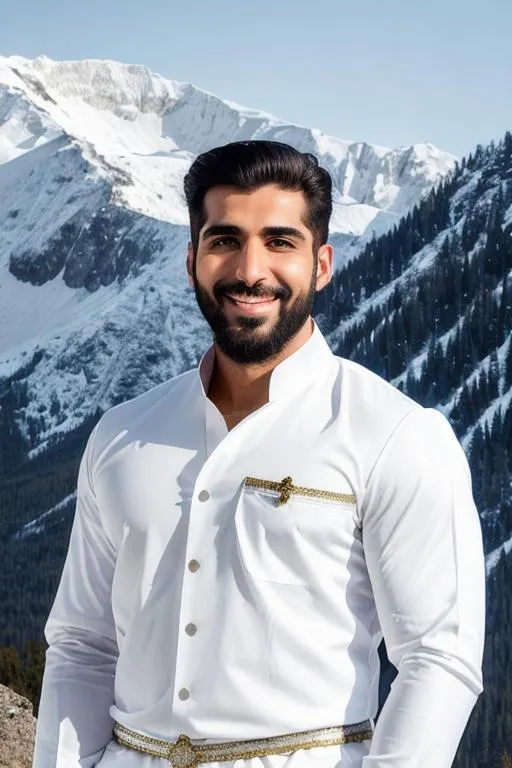 Prompt: portrait of "hyperreal handsome face persian face rugged face army man ", with smile,  on white snow mountain, white kameez dhoti, "feet", arena, perfect composition, hyperrealistic, super detailed, 8k, high quality, trending art, trending on artstation, sharp focus, studio photo, intricate details, highly detailed