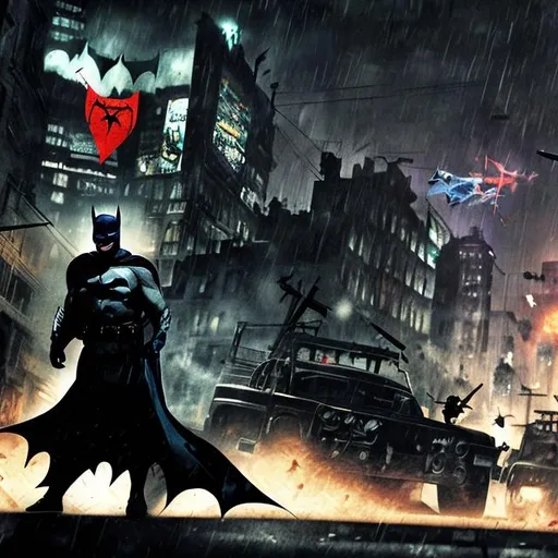 Prompt: batman, injured, rain, night, joker in front of batman, joker laughing pointing gun with flag coming out of the gun barrel, helicopters light up the place, SWAT police, armed in the background.
