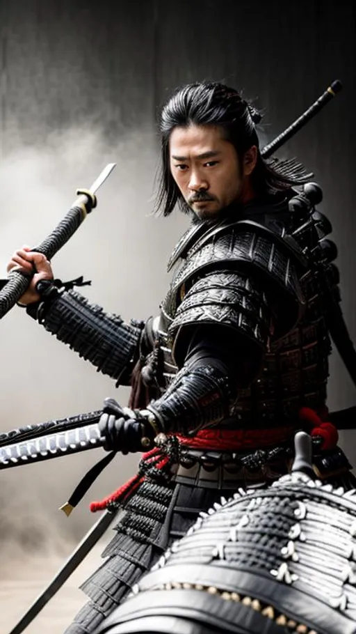 Prompt: Intricately detailed Samurai in Dark grey and Black Colored Samurai Armor, Ronin, Photorealistic, Film Quality, Filmic, Hyperrealistic, Hyperdetailed, Japanese Aesthetic, Beautiful Sword Detail, Striking eyes, Inspired by a young Hiroyuki Sanada, dynamic lighting, Striking, Action pose, Movie Quality, (No Red)